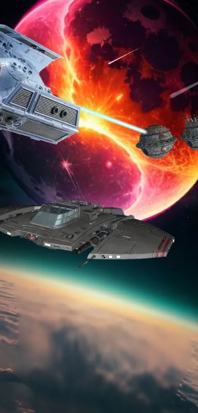 Epic space battle wallpaper with spaceships and fiery cosmic scene.