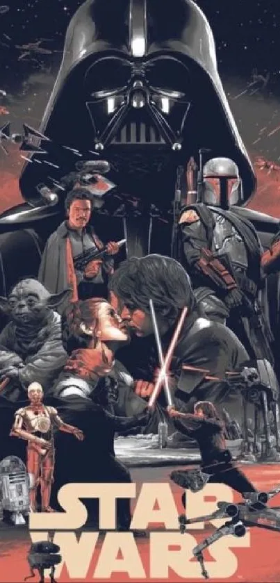 Star Wars wallpaper with iconic characters in an epic space battle scene.