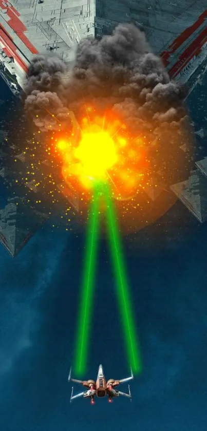 Space battle with explosion and laser beams in a sci-fi wallpaper.