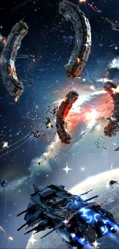 Epic space battle scene wallpaper with spacecrafts and cosmic landscapes.