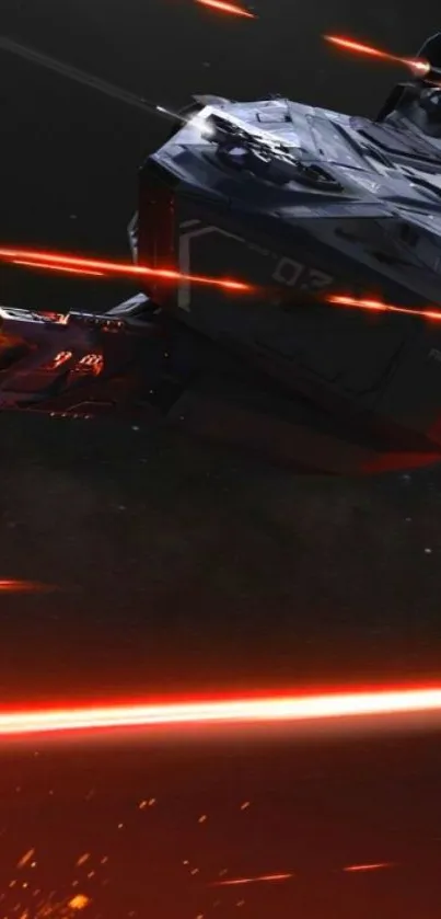 Futuristic spaceship with red lasers in space battle scene.