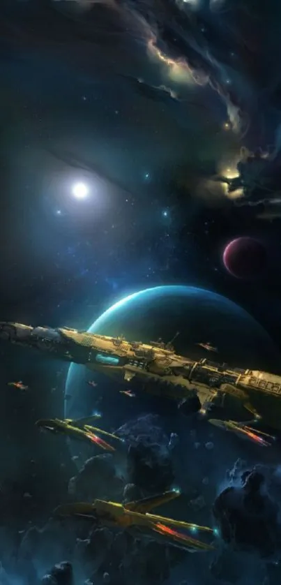 Epic space battle with starships and galaxies background.