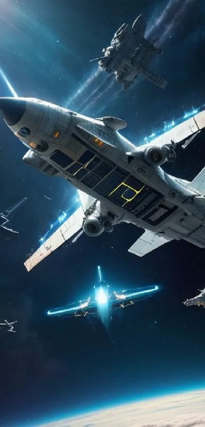 Futuristic space battle with starships.