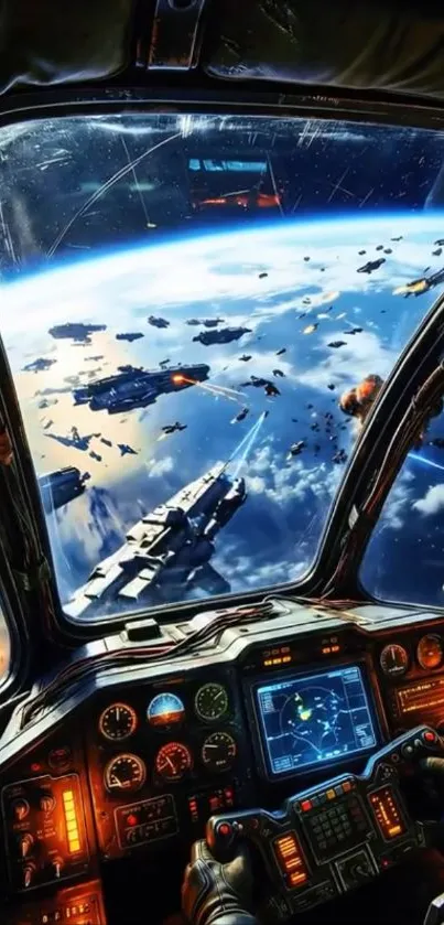 Epic space battle seen from spacecraft cockpit.