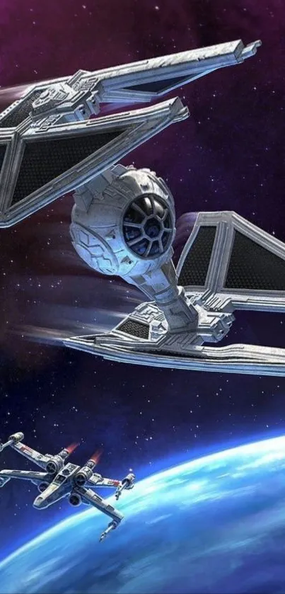 Starfighters engage in a space battle above a planet.