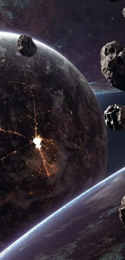 Epic space collision with planets and asteroids in detailed cosmic scene.