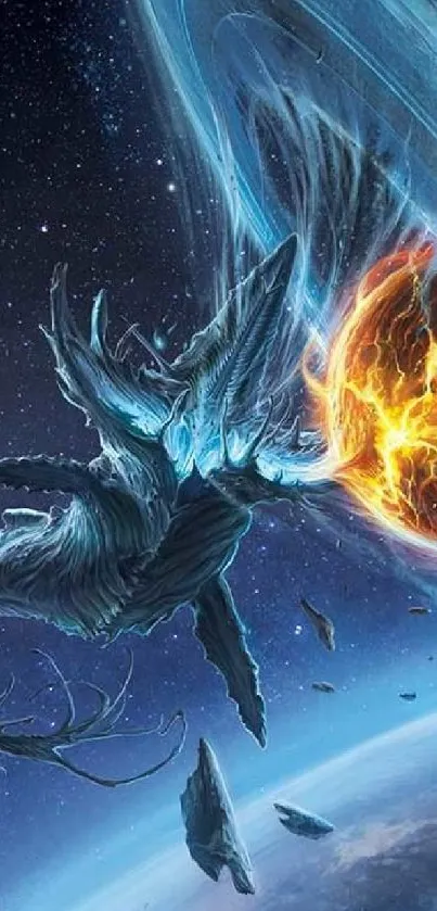 Epic space battle with creature and fiery planet.