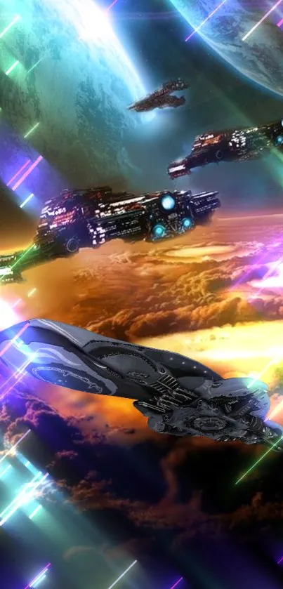 Spaceships exploring a distant planet with a glowing sunrise in the background.