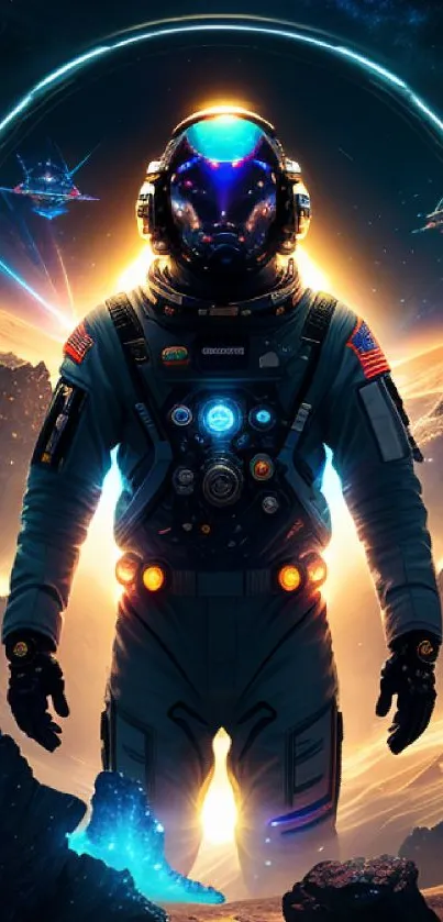 Epic astronaut in cosmic galaxy wallpaper with vibrant colors and futuristic design.