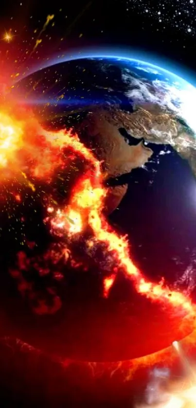 Earth from space with fiery explosion wallpaper.