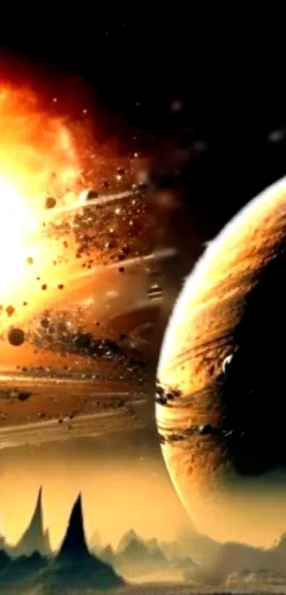 Cosmic scene with planet and vibrant sun.