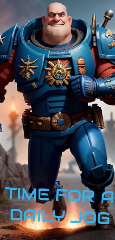 Cartoon space marine jogs in blue armor with vibrant background.