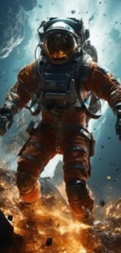 Astronaut in cosmic scene with fiery backdrop