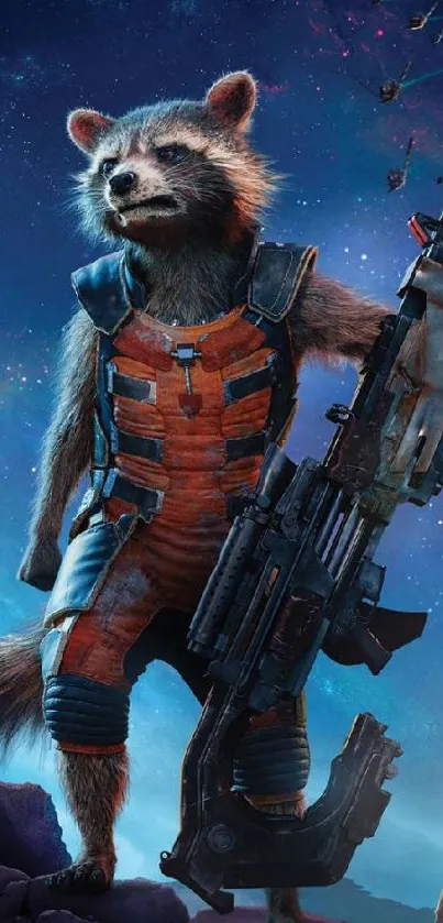 Space raccoon holding weapon under starry sky.