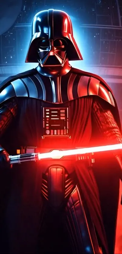 Epic space warrior with red lightsaber in a dramatic scene.