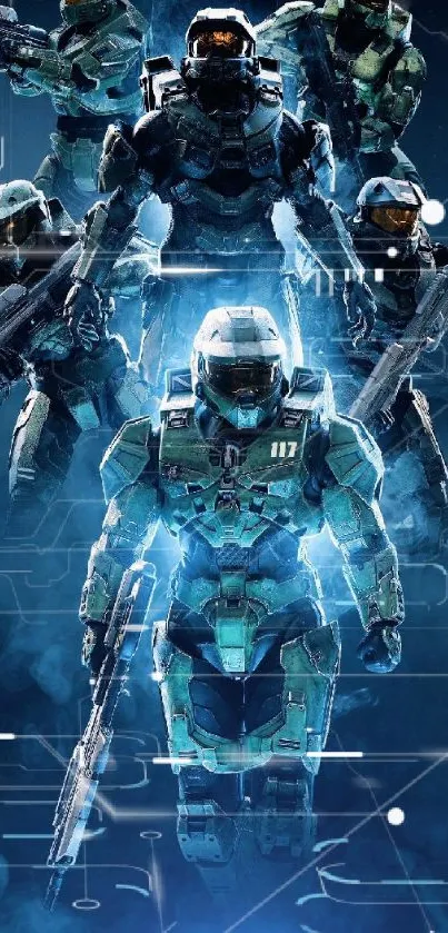 Futuristic soldiers in blue armor on a dark background.