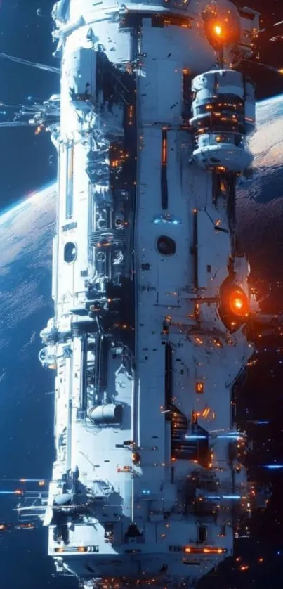 Epic spacecraft orbiting a planet in space art wallpaper.