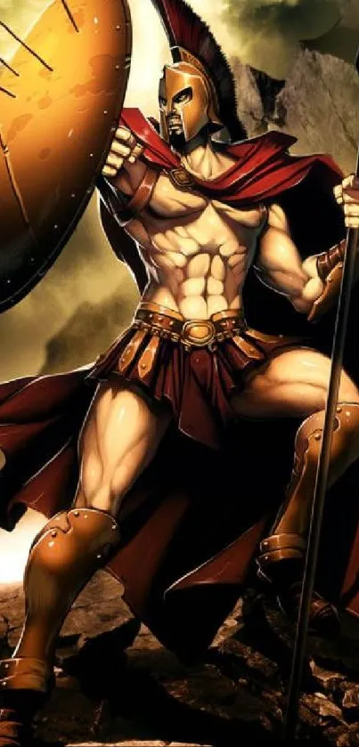 Epic Spartan warrior with shield and spear in battle stance.