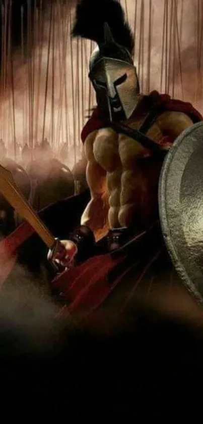 Epic Spartan warrior in armor with shield and sword in a misty battleground.