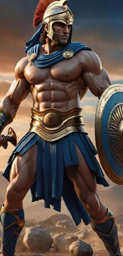 Epic Spartan warrior in blue armor with shield and sword.