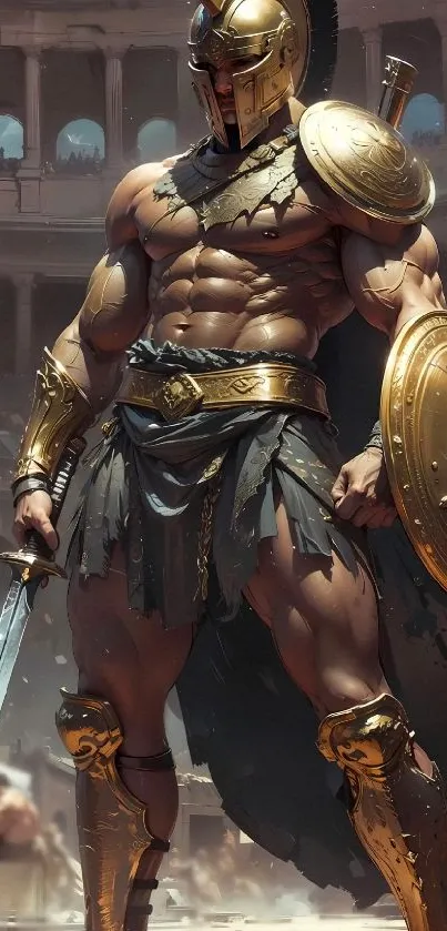 Epic Spartan warrior in arena with sword and shield.