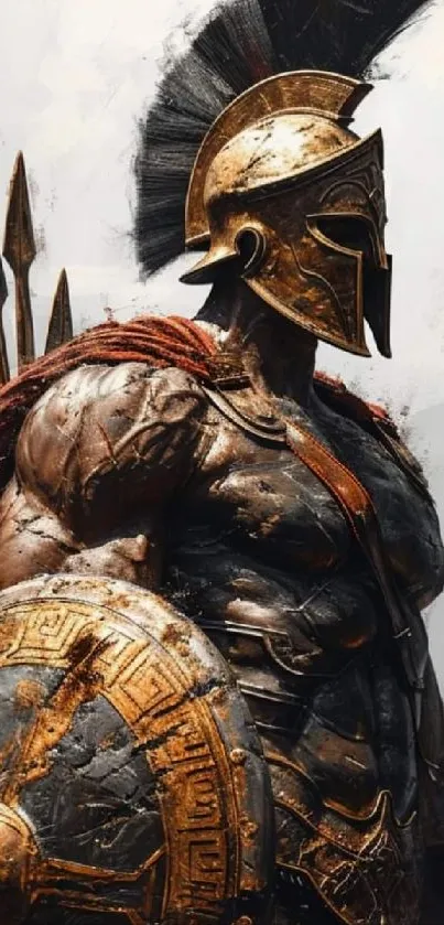 Spartan warrior with shield and spear on mobile wallpaper.