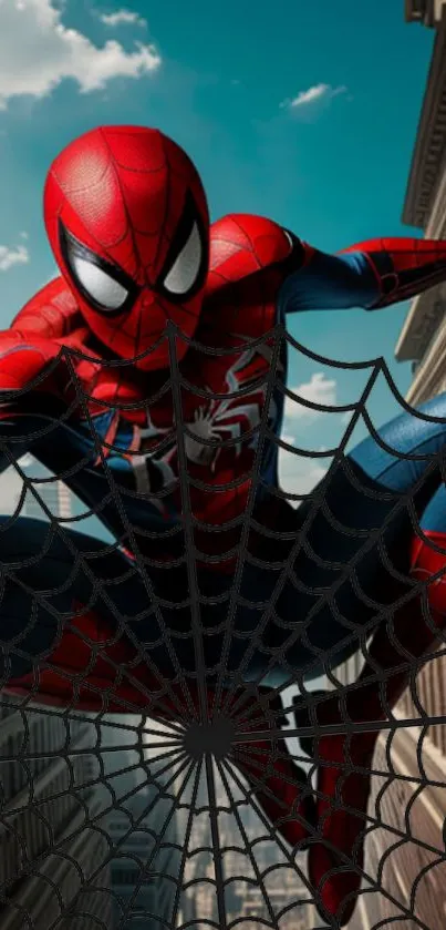 Spider-Man swings through a cityscape in this vibrant mobile wallpaper.