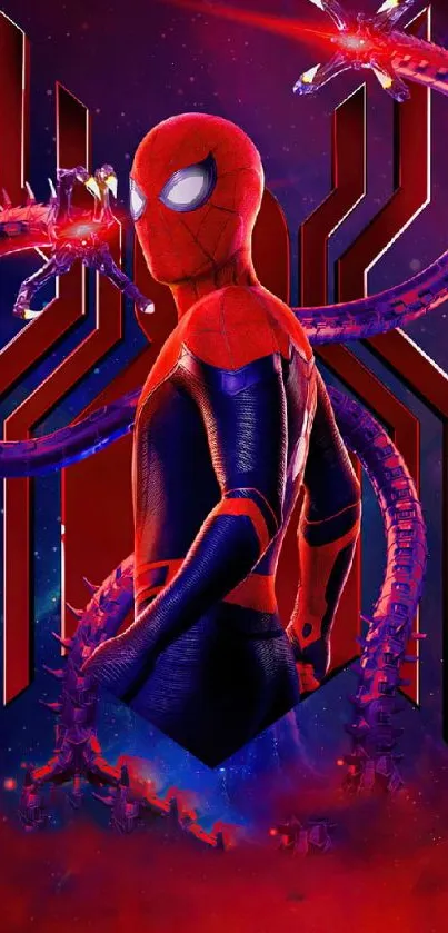 Vibrant Spider-Man wallpaper with purple robotic arms.