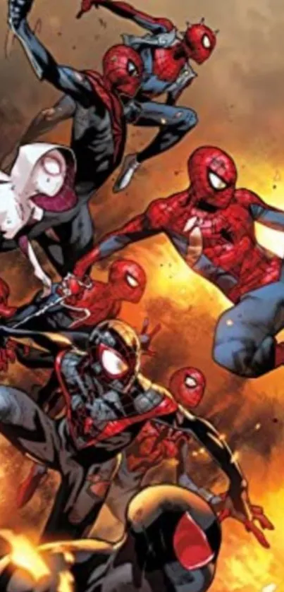 Multiple Spider-Man characters in an explosive, vibrant action scene.