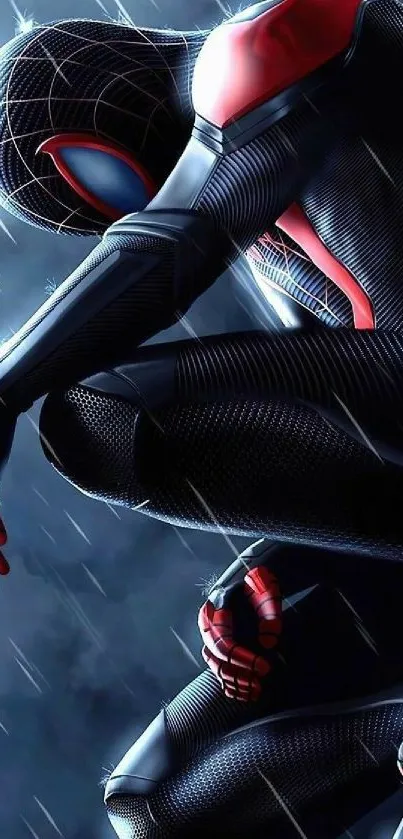 Spider-Man crouching in the rain with a dark and detailed suit design.