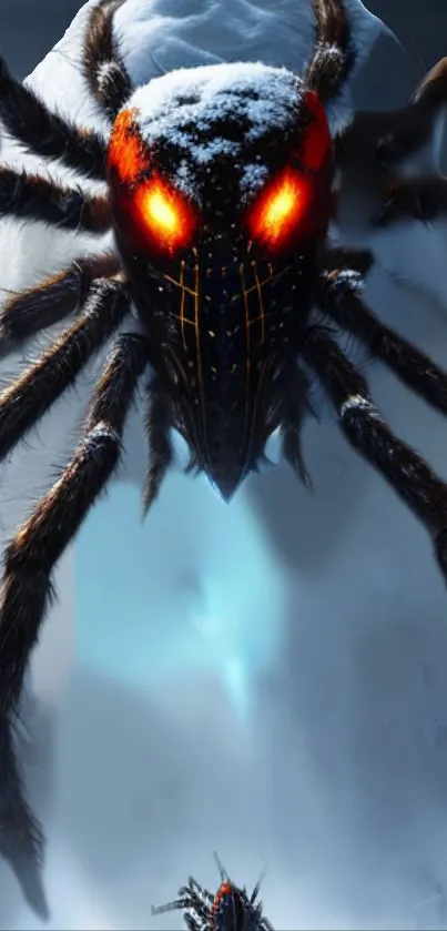 Epic giant snow spider with glowing eyes mobile wallpaper.