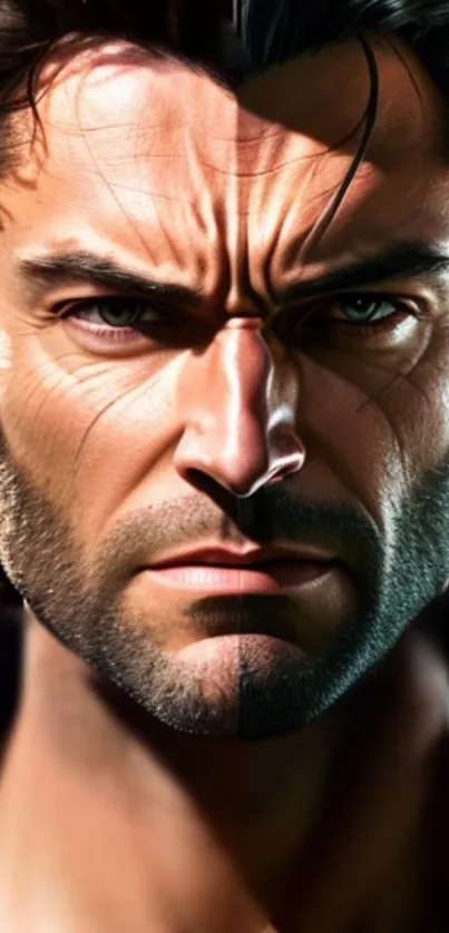 Epic split face portrait wallpaper with dramatic lighting.