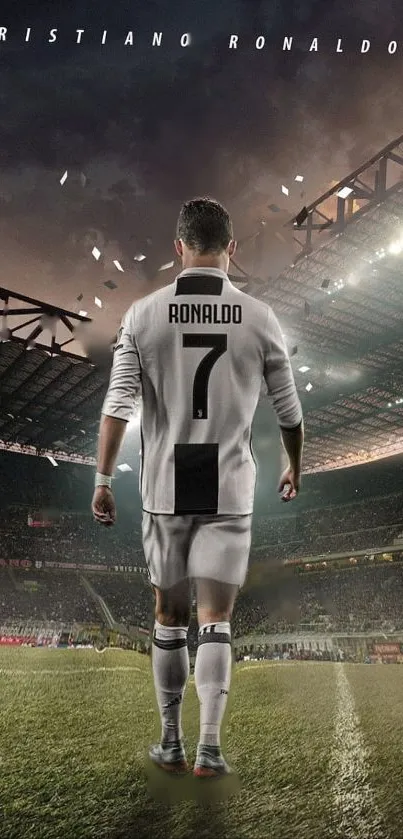 Football player in a stadium with dramatic lighting.