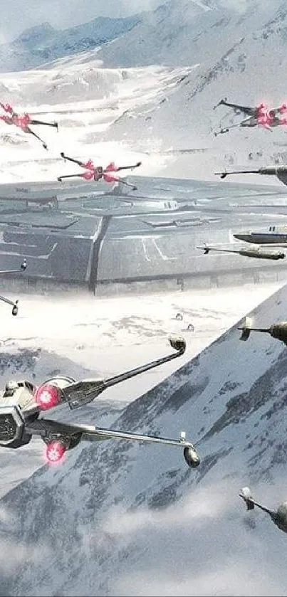 Starships in snowy mountain landscape wallpaper, sci-fi battle scene.