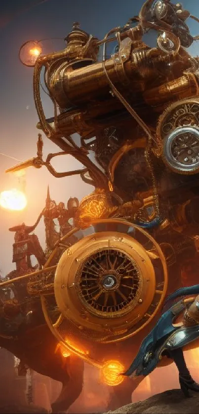 Steampunk machine with adventurer, glowing gears, and vibrant colors.