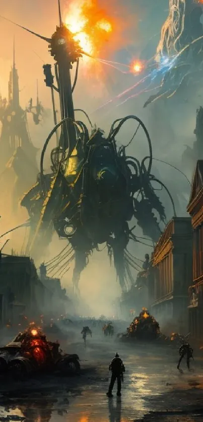 Epic steampunk battle scene with robotic creatures and glowing sky.