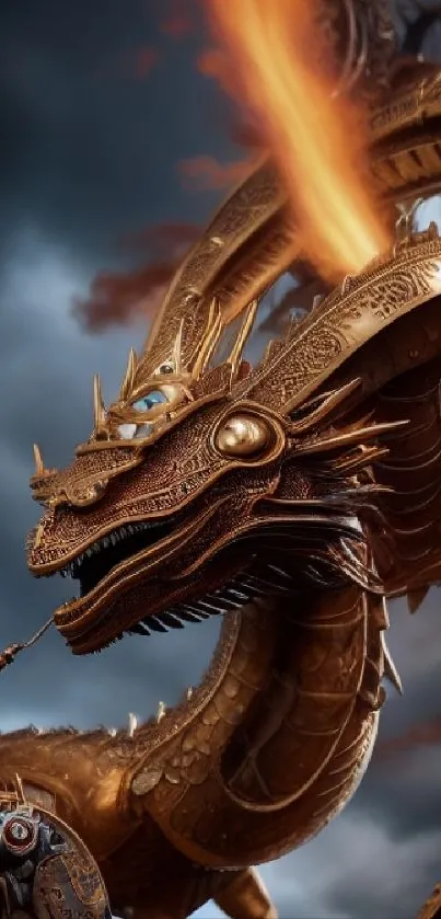 Steampunk dragon breathing fire with dramatic cloudy sky.