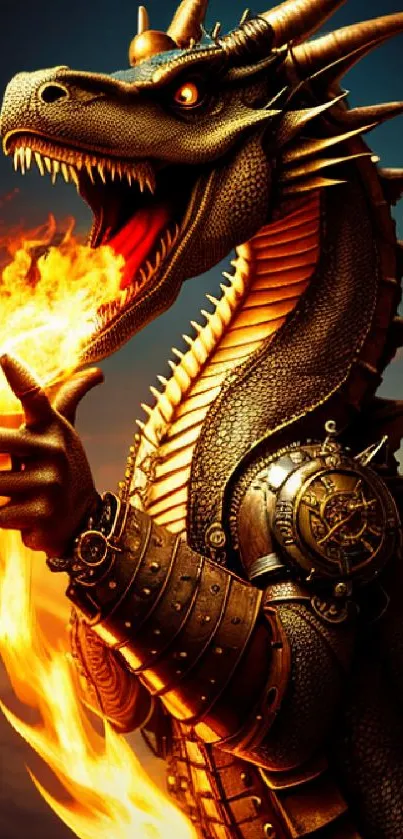 Steampunk dragon blowing fire with intricate metal armor in a golden frame.