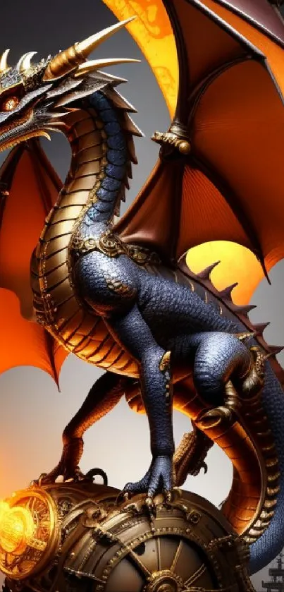 Steampunk dragon standing on mechanical orb with vibrant orange wings.