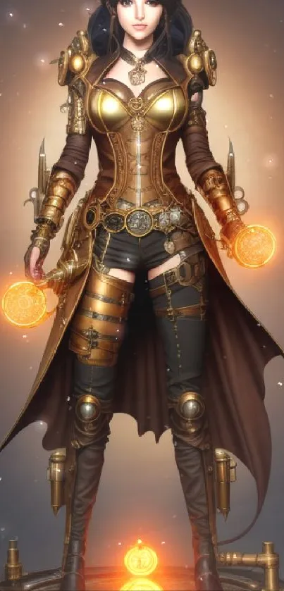 Steampunk warrior with golden armor on a stylish mobile wallpaper.