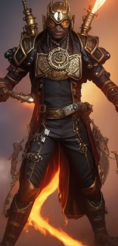 Epic steampunk warrior in fiery armor with detailed design and glowing elements.