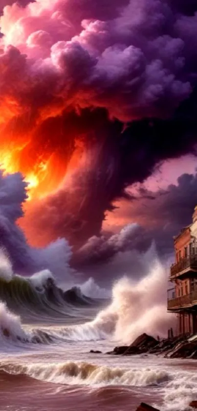 Dramatic ocean storm with vibrant clouds and crashing waves.