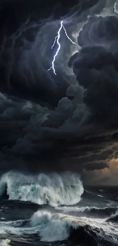 Powerful lightning storm over turbulent ocean waves.