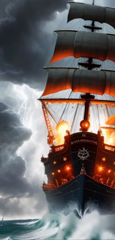 Epic sail ship in stormy ocean with fiery glow and dramatic clouds.