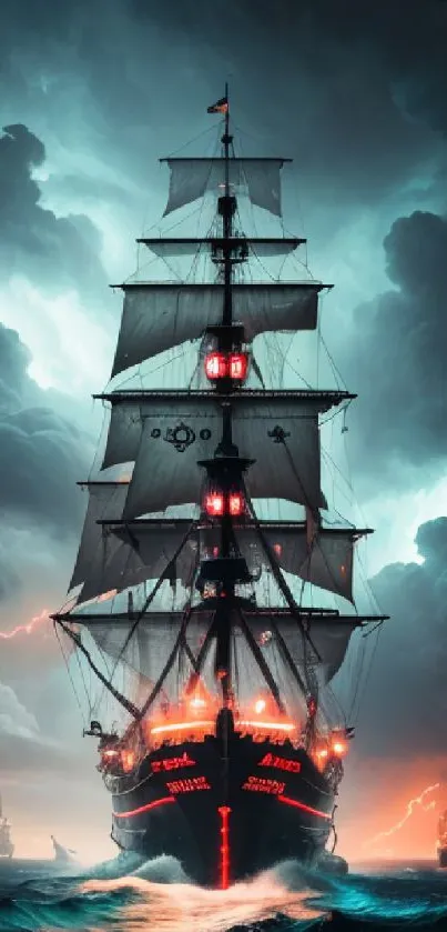 Epic ship navigating a stormy ocean with dramatic clouds.