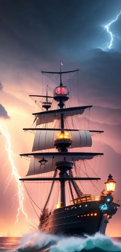 Ship sailing through a stormy sea, illuminated by lightning in a dramatic scene.