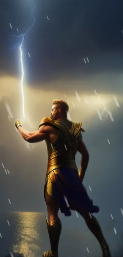 Warrior wielding lightning in stormy sky.