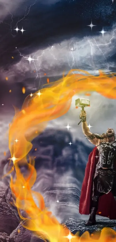 Epic storm scene with warrior in fire and lightning.