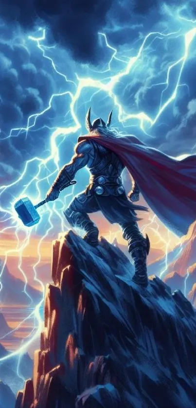 Warrior stands on a mountain amidst a lightning-filled stormy sky.