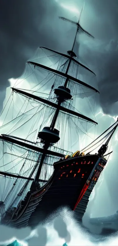 Majestic ship sails through a fierce lightning storm on the dark ocean.